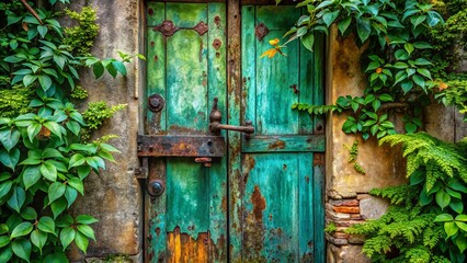 Abandoned Building, Weathered Teal Door, Lush Foliage, Mystery, Intrigue
