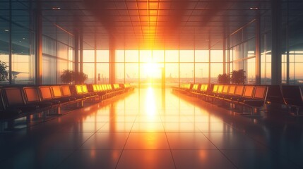 Airport sunrise waiting area seats, city view
