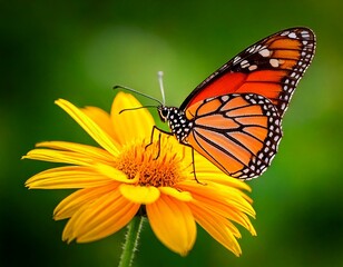Naklejka premium Orange Butterfly on Bright Yellow Flower