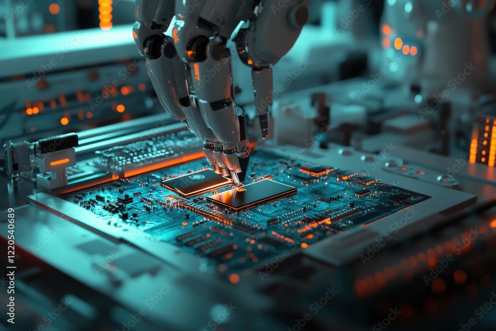 Poster a robotic arm precisely places a microchip onto a circuit board, showcasing advanced automation in t