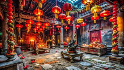 Fototapeta premium Abandoned Chinese Temple, Snake Year Decorations, Urban Exploration Photography