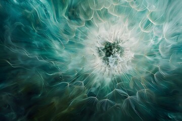 A hyper-realistic macro view of a delicate dandelion in full seed, with fine, feathery structures radiating from the center.