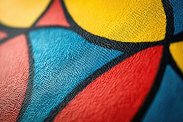 Close-up of a textured canvas painted with vibrant red, yellow, blue, and black geometric shapes.