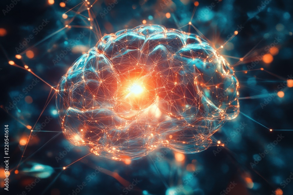 Poster digital representation of a human brain with glowing neural connections in a dark background