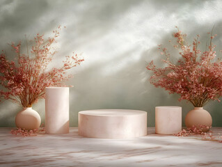 Elegant Pink Flower Displays on Marble Pedestals, Minimalist Home Decor with Dried Blooms, Serene Aesthetic.