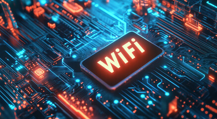 A detailed view of a circuit board features a glowing WiFi symbol at its center, surrounded by interconnected pathways.