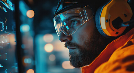 Obraz premium A technician with protective gear focuses intensely on a digital display, analyzing data to ensure optimal performance of machinery in a modern industrial environment.