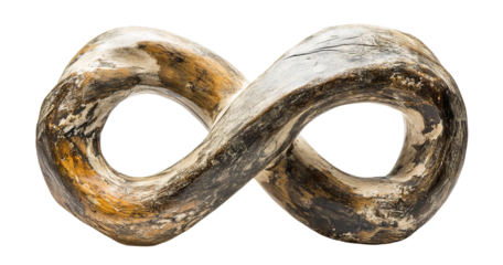 Rustic wooden infinity symbol with a weathered texture, representing timelessness and continuity, isolated on a transparent cutout background