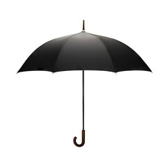 Classic black umbrella with curved handle, isolated on transparent cutout background