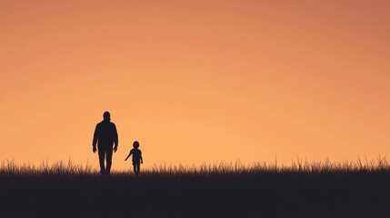 Silhouette of father and child walking at sunset in tall grass.