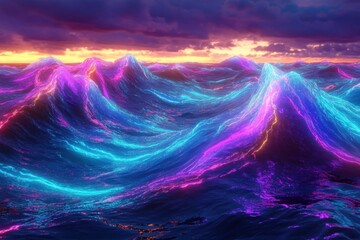 Vibrant colorful waves illuminated by sunset under a dramatic sky at dusk