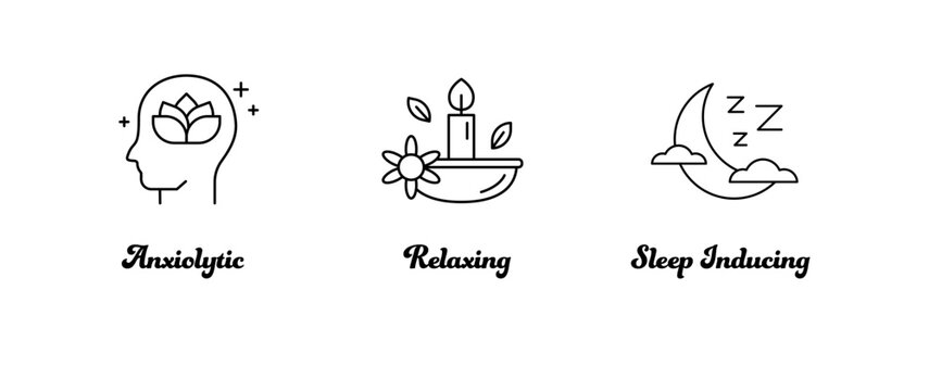 Anxiolytic, Relaxation, and Sleep-Inducing Icons – Wellness and Mental Health Icon Set. Editable Stroke and Colors.