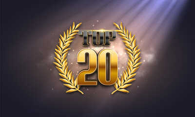 Top 20 award poster. Presentation 20 best with golden laurel wreath. Vector illustration.