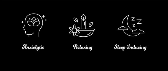 Anxiolytic, Relaxation, and Sleep-Inducing Icons – Wellness and Mental Health Icon Set. Editable Stroke and Colors.