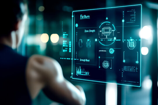 A person interacts with a futuristic holographic interface displaying data and analytics, emphasizing technology and fitness.