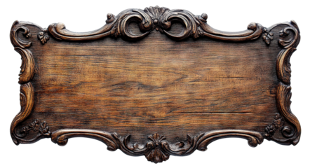 Ornate vintage wooden signboard with intricate carved details, isolated on transparent cutout background
