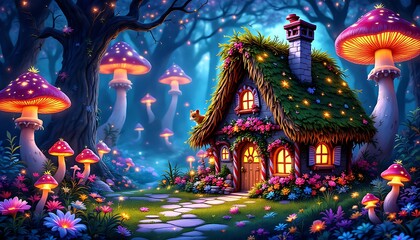 Fototapeta premium Enchanted Cottage Glowing Night Forest Mushrooms Flowers