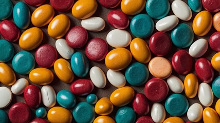 Medical or vitamin pills. Colorful medicine pills as texture. Pill pattern background.