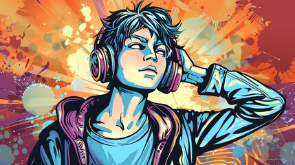 A cartoon style illustration of a young person listening to music with headphones.