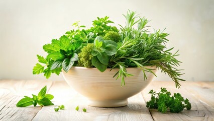 Fototapeta premium A colorful arrangement of fresh green herbs like parsley, rosemary, and thyme, arranged in a decorative bowl or vase, against a soft white or cream background , kitchen decor, fragrant plants