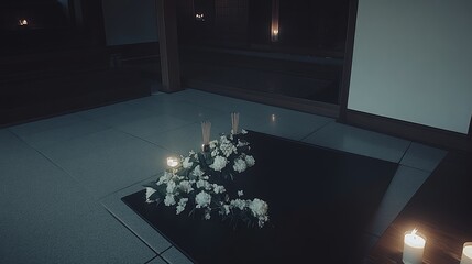 Tranquil Japanese room, flowers, candles, meditation, peace, interior design, website banner