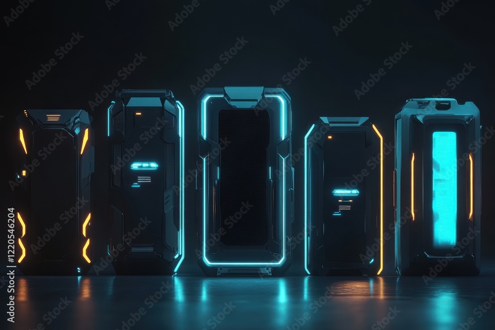 Poster futuristic computer cases glowing in blue and orange lights in a modern tech environment