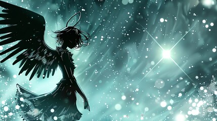 An anime-style illustration of a girl with dark hair, wearing a witch's hat and a white dress, in front of a sparkling, aqua-colored background.