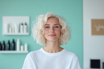 Portrait of smiling blonde woman with short curly hair in hair salon