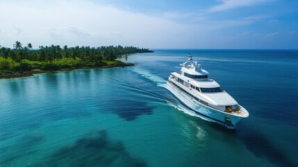 Obraz premium Luxury yacht cruising tropical ocean, island backdrop