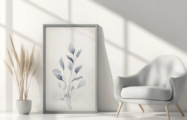 Minimalist blue leaf artwork in gray frame on white wall with armchair and pampas grass.