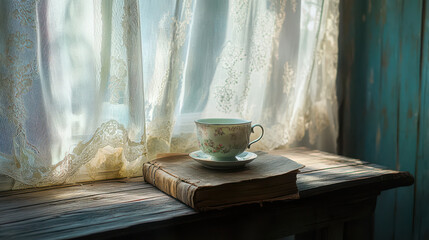 A rustic still-life of an old book and a weathered teacup, placed on a wooden table by a sunny window, light filtering through lace curtains