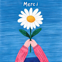 Illustration aquarelle de mains tenant une marguerite avec le mot merci au-dessys