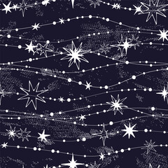 White cute stars on a dark background. Seamless winter pattern. Vector illustration.