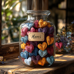 Bocal en verre rempli de cœurs en origami colorés avec Merci