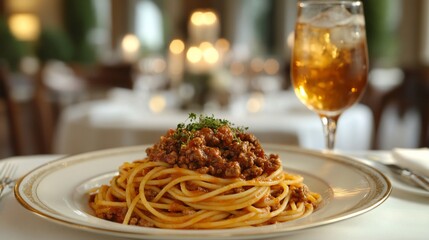 Delicious spaghetti bolognese on a plate with a drink.