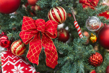 Close up Christmas tree decorated with toys