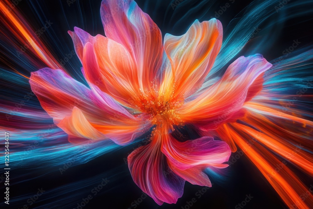 Poster vivid flower with flowing colors and dynamic movement in a dark background