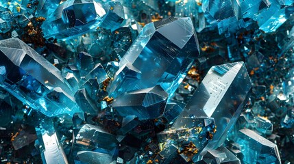 A hyper-realistic close-up of multifaceted, transparent blue crystals, with light refracting and reflecting off the surfaces