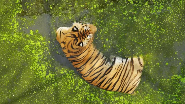 Powerful tiger swimming through green algae filled water, relaxing under summer sunlight in zoological habitat