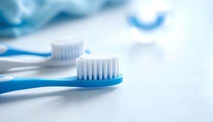 Closeup of Blue Toothbrushes on a White Surface