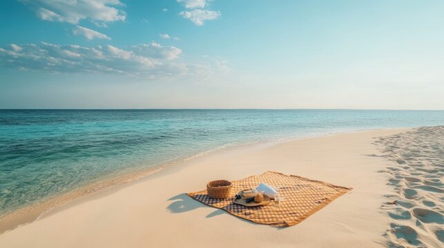 Tropical beach picnic blanket, hat, basket, ocean sunrise