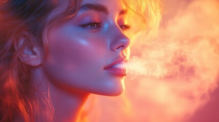 Young woman vaping in neon light, exhaling smoke in a fashionable portrait