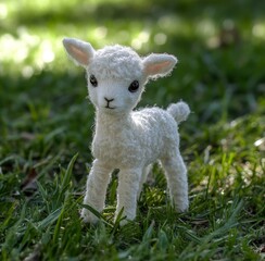 Fototapeta premium Cute Young Lamb Stands on Green Grass Under Natural Light, Showcasing Its Fluffy White Wool and Playful Demeanor in a Serene Outdoor Setting