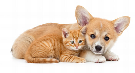 Obraz premium Cute Welsh corgi puppy and a red kitten sit together on a white background. isolated on a white background