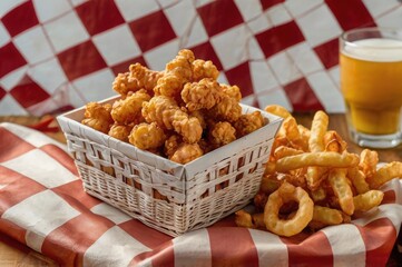 Popcorn chicken in a basket with checkered lining, paired with curly fries.