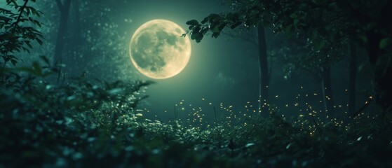 Fototapeta premium Enchanting forest scene with a full moon casting light over a vibrant, glowing landscape, surrounded by whispering leaves and twinkling lights.