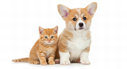 Cute  Welsh corgi puppy and a red kitten sit together on a white background. isolated on a white background