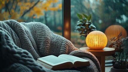 Cozy autumn reading nook, rainy window view, indoor relaxation