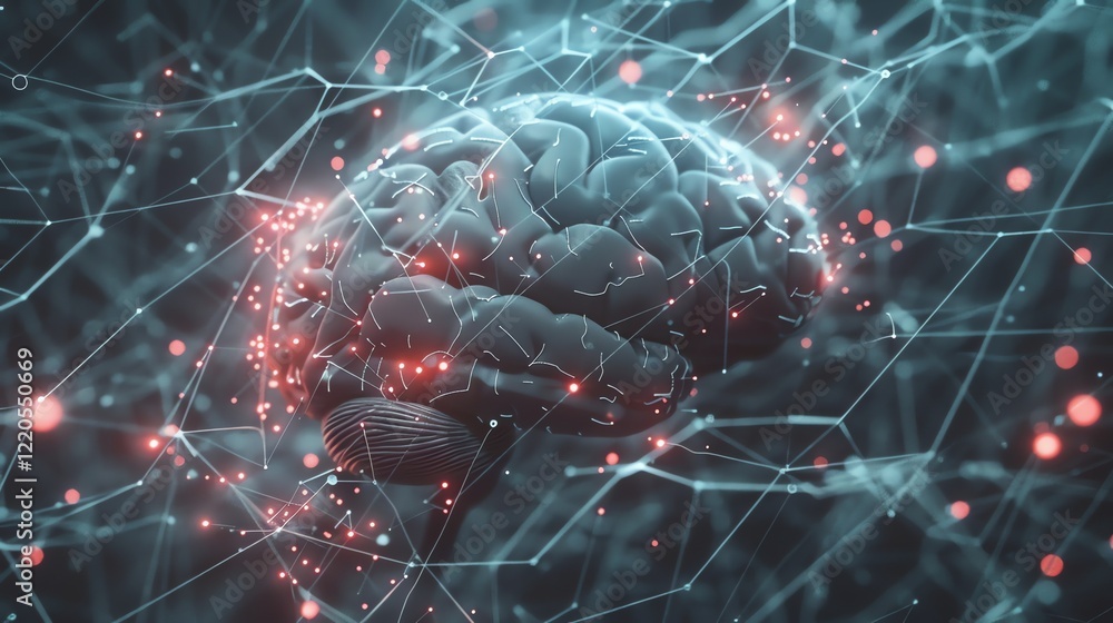 Poster a 3d rendering of a brain with connected lines and glowing dots.