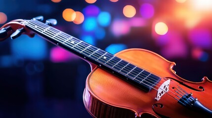 Obraz premium A close-up of a musical instrument, such as a guitar or violin, in a dimly lit performance setting